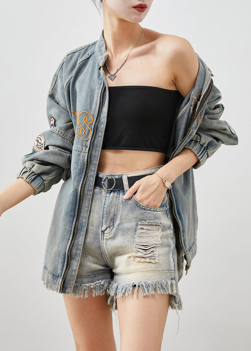 French Blue Embroideried Applique Denim Coats Fall