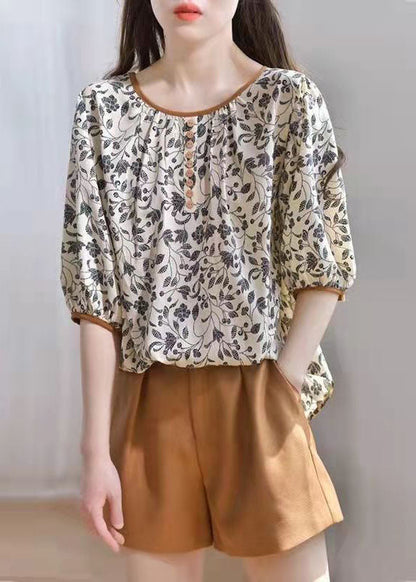 Khaki Chiffon O-neck Print Fall Half Sleeve Top