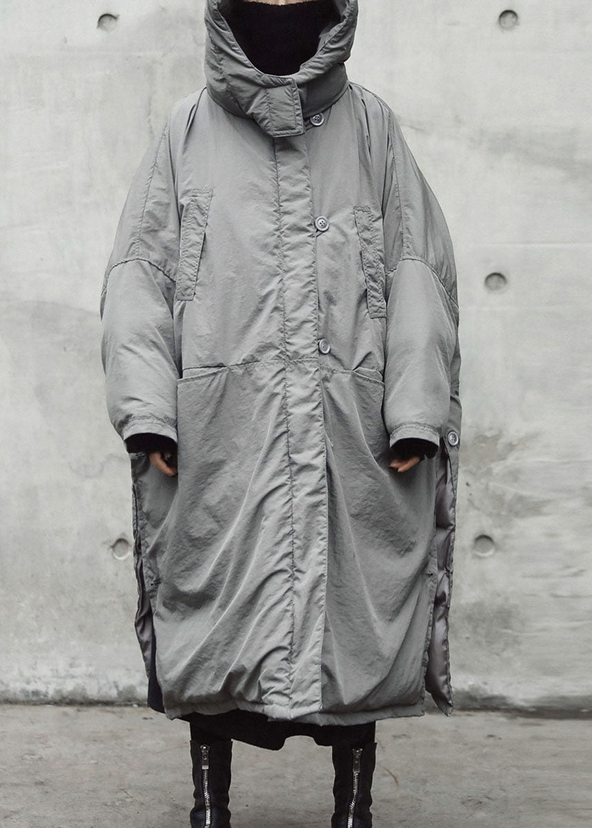 Grey Hooded Pockets Side Open Thick Winter Cotton Coat