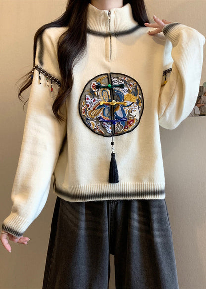 Beige Hign Neck Embroidered Knit Sweaters Spring