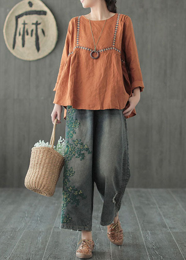 Blue Embroideried Cotton Ripped Jeans Pants Fall