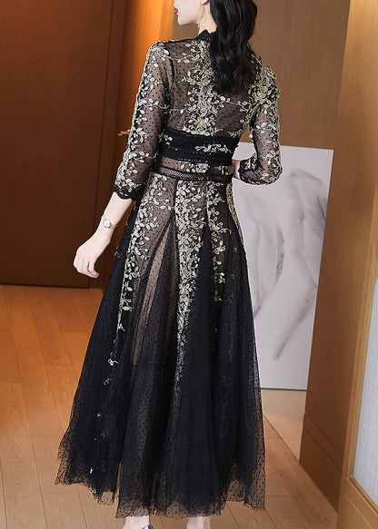 Black Embroidered Lace Patchwork Tulle Dresses Summer