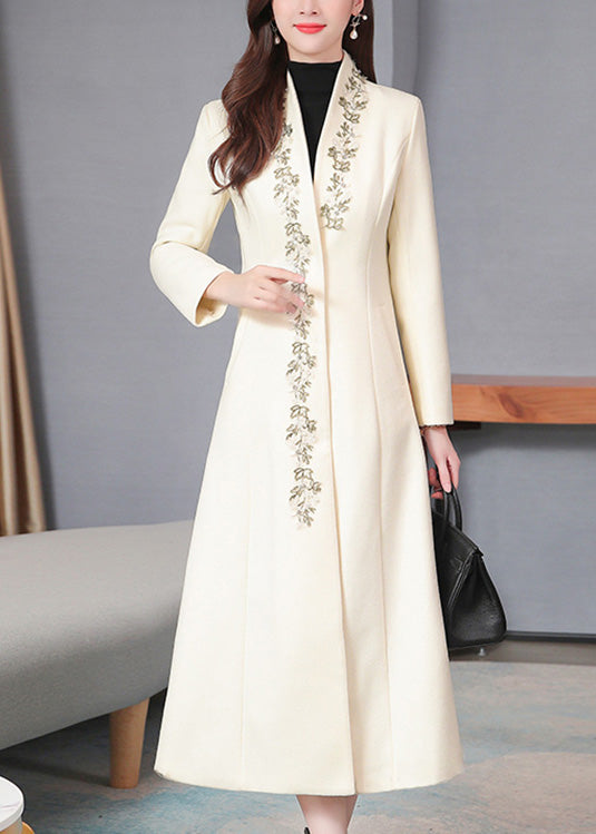White V Neck Woolen Long Trench Coats Spring