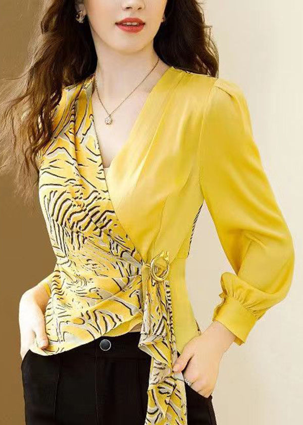Yellow V Neck Asymmetrical Print Chiffon Tops Spring