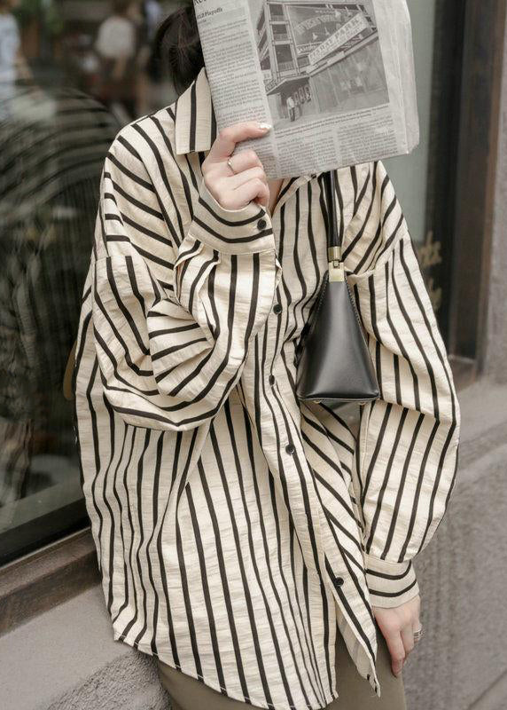 Apricot Striped Button Patchwork Cotton Blouse Fall