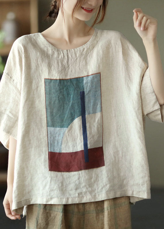 Linen Colour Print Linen Tank O-neck Oversized Short Sleeve