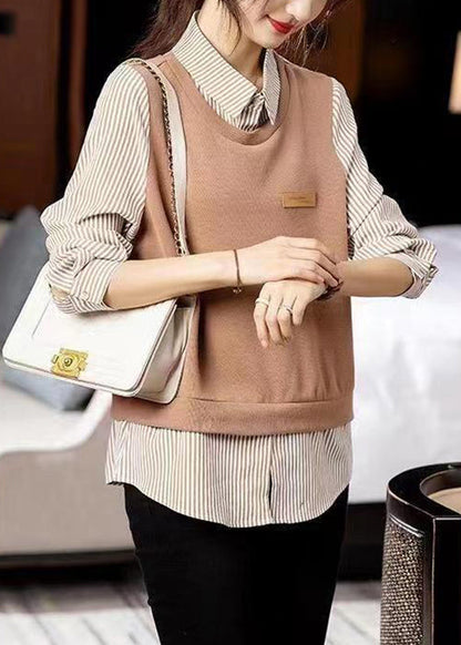 Striped Patchwork False Two Pieces Cotton Top Long Sleeve