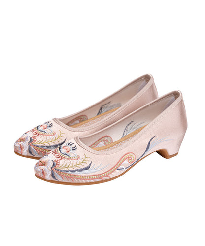 Splicing Pointed Toe Chunky Beige Satin Embroideried