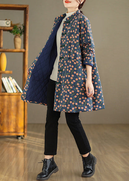 Print Pockets Chinese Button Fine Cotton Filled Coat Winter