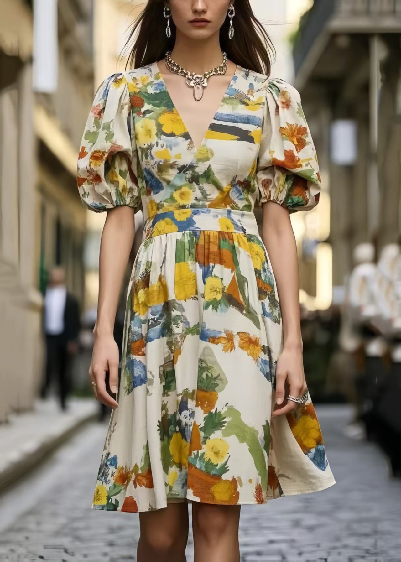 Puff Sleeve Print Cotton Mini Dress Summer