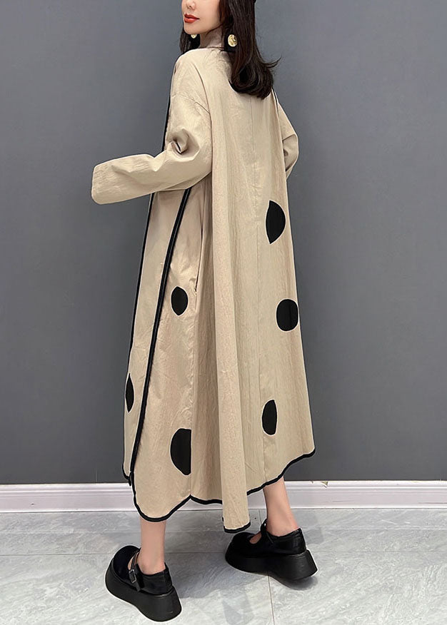 Khaki Peter Pan Collar Patchwork Dot Print Cotton Vacation Dresses Fall