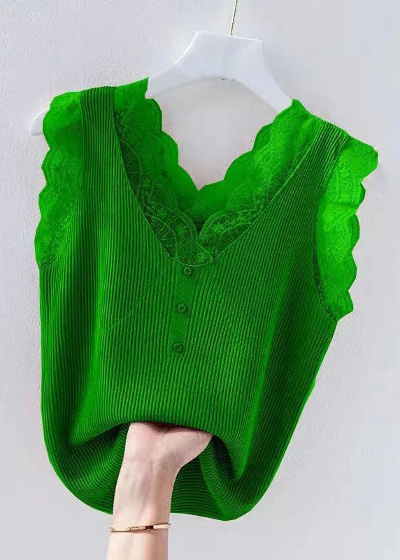 Green V Neck Lace Knit Tank Sleeveless