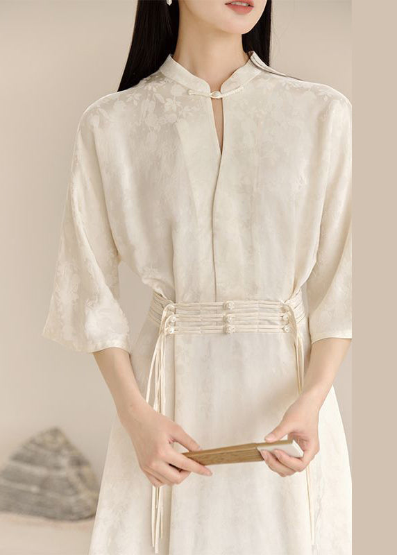 White Stand Collar Tasseled Patchwork Cotton Dress Fall