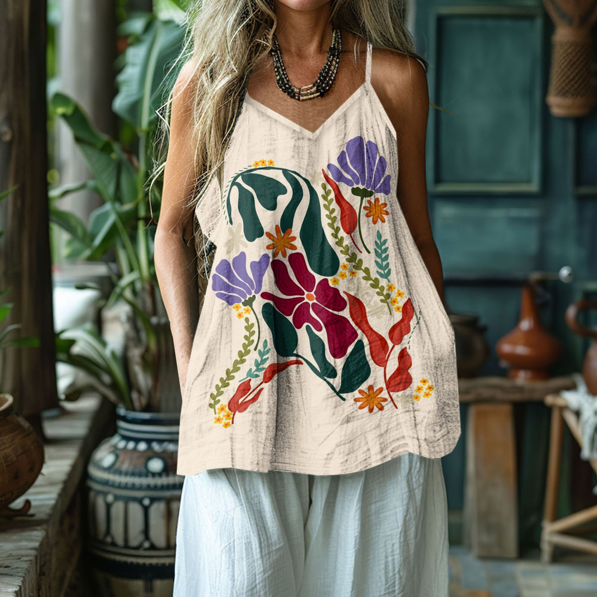 Women's Floral Dog Art Print Cotton And Linen Vest artswardrobe