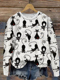 Vintage Love Black Cats Print Long Sleeve Sweatshirt elevenforest