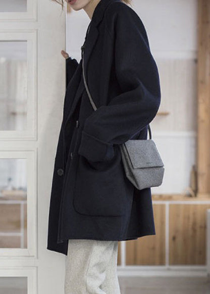 Black Notched Button Woolen Coats Fall