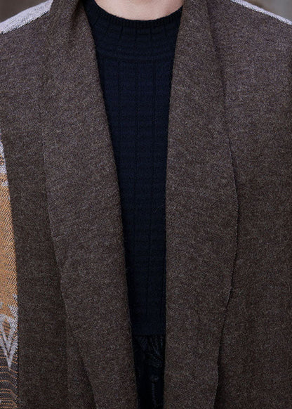 Organic Chocolate V Neck Print Asymmetrical Design Patchwork Fall Woolen Coat Long Sleeve
