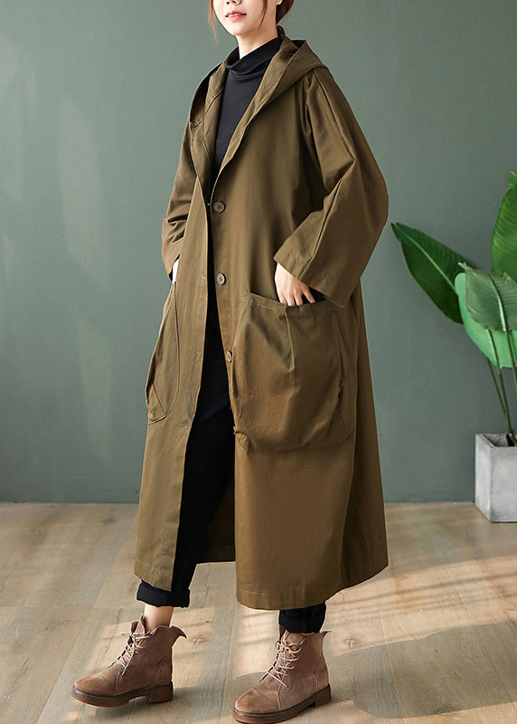 Black Hooded Pockets Patchwork Cotton Long Trench Coats Long Sleeve