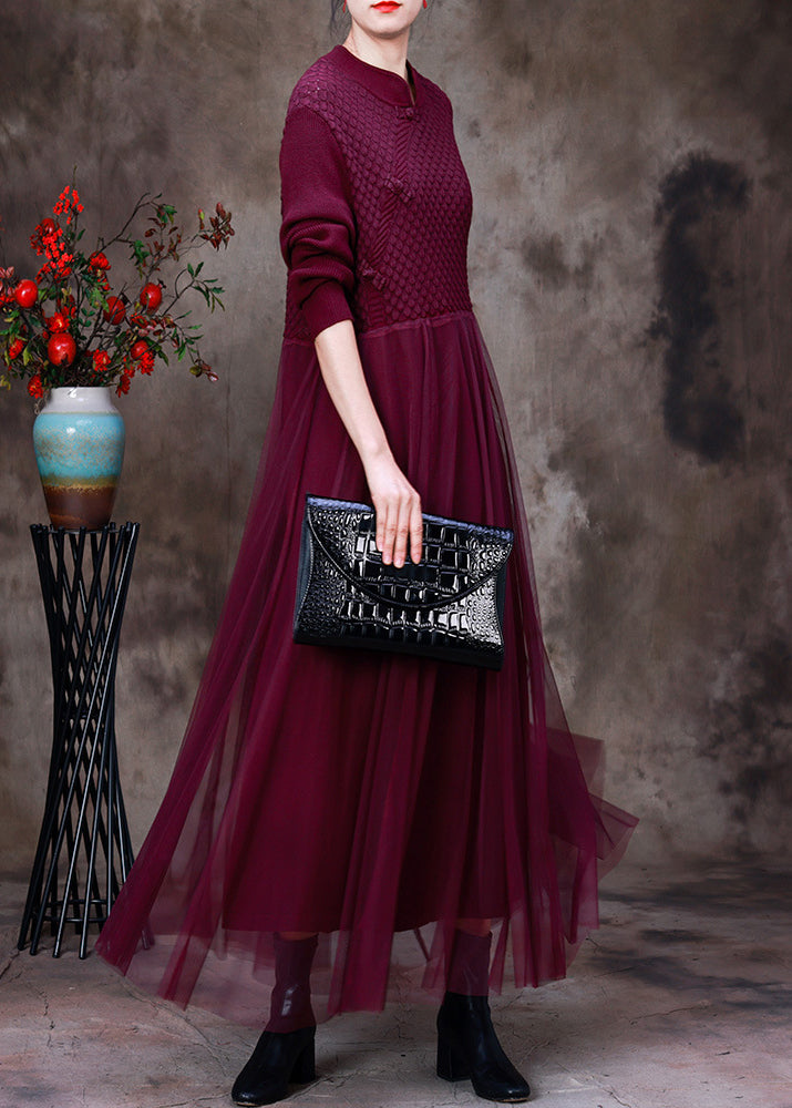 Diy Purple Stand Collar Tulle Patchwork Knit Mid Dress Long Sleeve