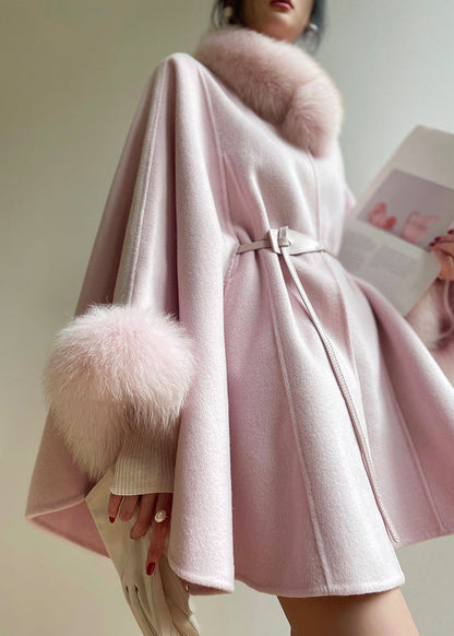 Pink Tie Waist Patchwork Woolen Coat Spring