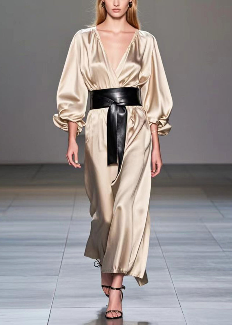 Champagne V Neck Cinched Silk Holiday Dress Fall