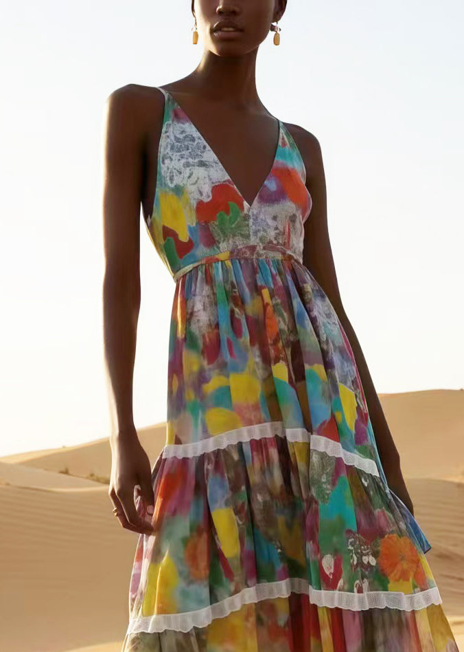 Apricot Print Patchwork Lace Chiffon Sundress Summer
