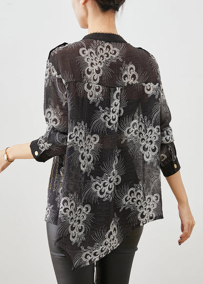 Simple Black Oversized Print Cotton Shirt Fall