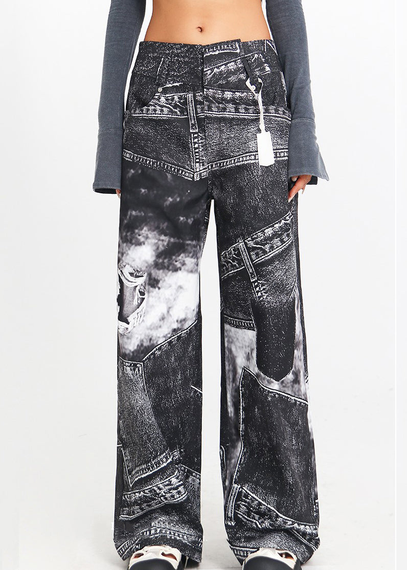 Black Print High Waist Denim Pants Spring