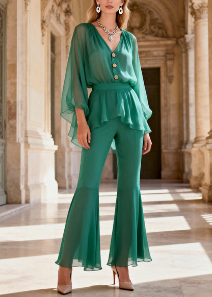 Stylish Green V Neck Patchwork Silk Two Piece Set Clothing Summer