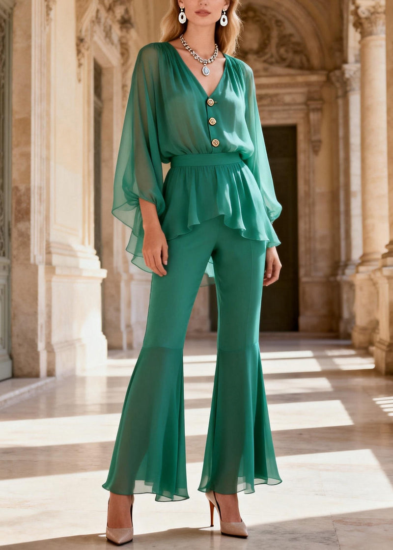 Stylish Green V Neck Patchwork Silk Two Piece Set Clothing Summer