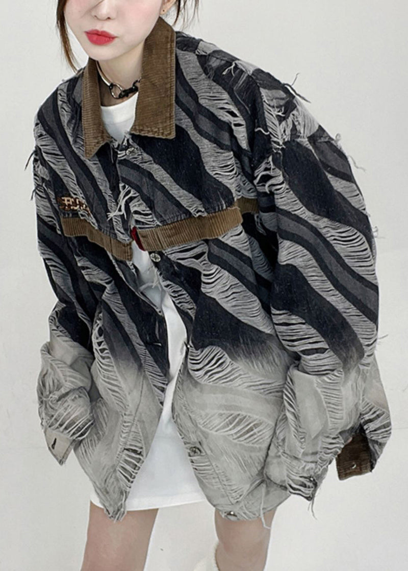 Striped Button Hole Patchwork Style Denim Coats Fall