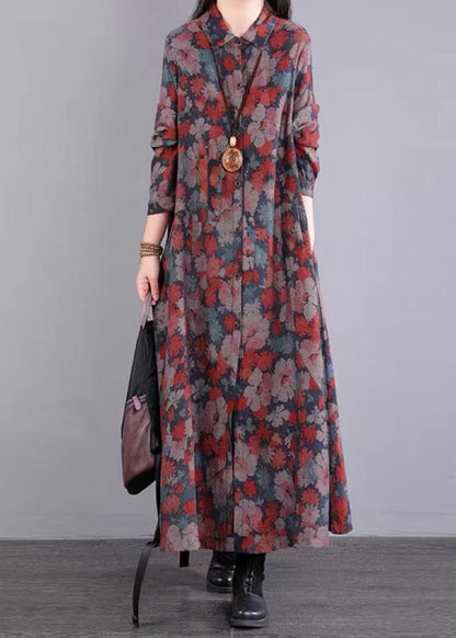 Red Print Peter Pan Collar Pockets Patchwork Cotton Dresses Fall