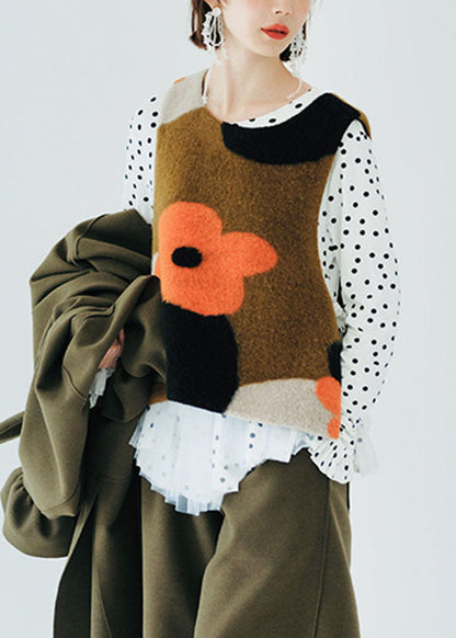 Jacquard Brown O-neck Woolen Waistcoat Sleeveless