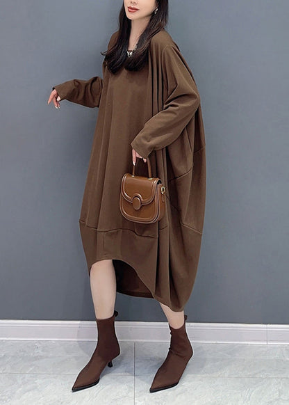 Coffee O Neck Low High Design Patchwork Cotton Dresses Fall
