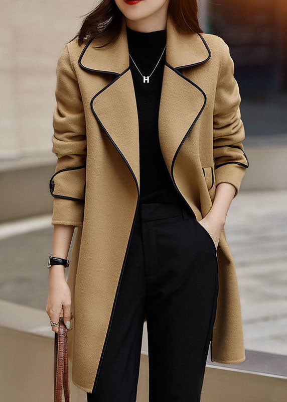 Black Notched Patchwork Pockets Tie Waist Woolen Coats Fall