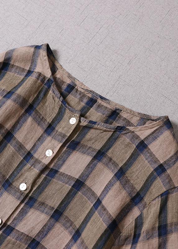 Unique Khaki Plaid Patchwork Pockets Button Fall Long Sleeve Dresses