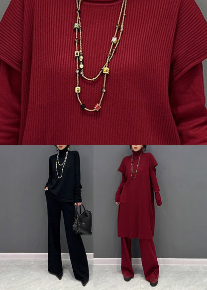 Black Turtleneck Knit Waistcoat and Pants Two Piece Set Winter