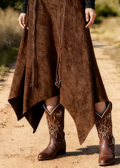 Coffee Asymmetrical Lace Up High Waist Faux Suede Skirts Spring