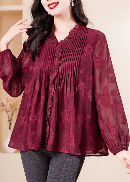 Red V Neck Ruffled Chiffon Shirt Long Sleeve