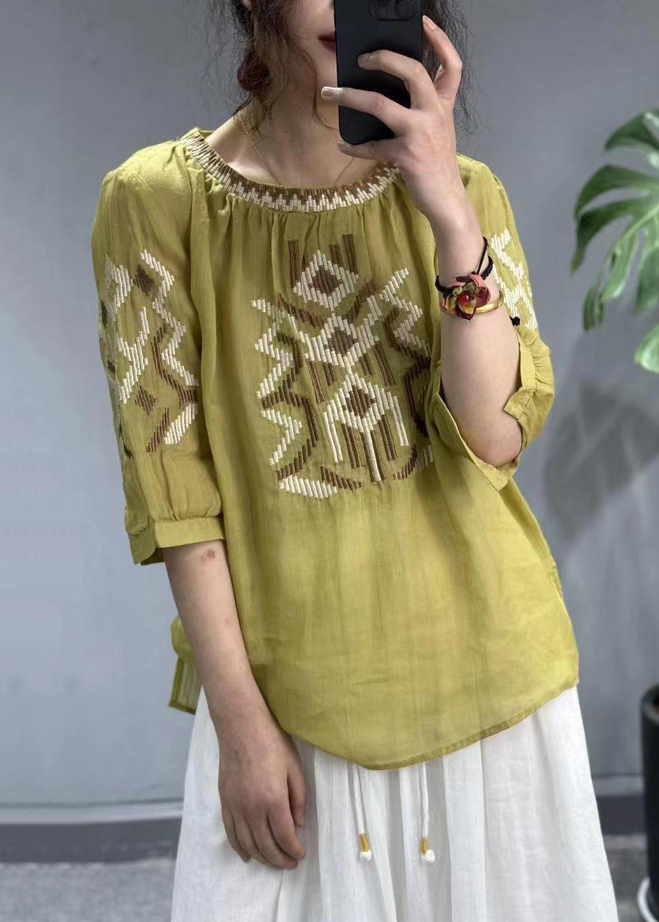 New Yellow O-neck Embroideried Patchwork Cotton T Shirt Half Sleeve