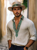 Men's Boho Tropical Embroidered Trim Linen Shirt artswardrobe