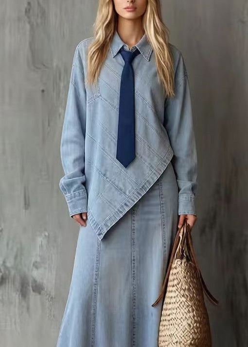 French Blue Asymmetrical Denim Two Piece Set Outfits Spring