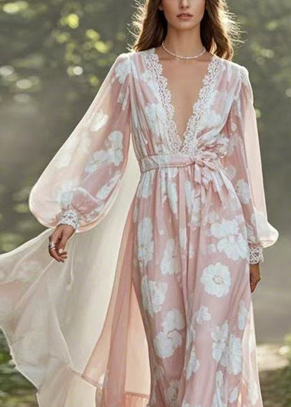 Pink V Neck Tie Waist Chiffon Holiday Dress Spring