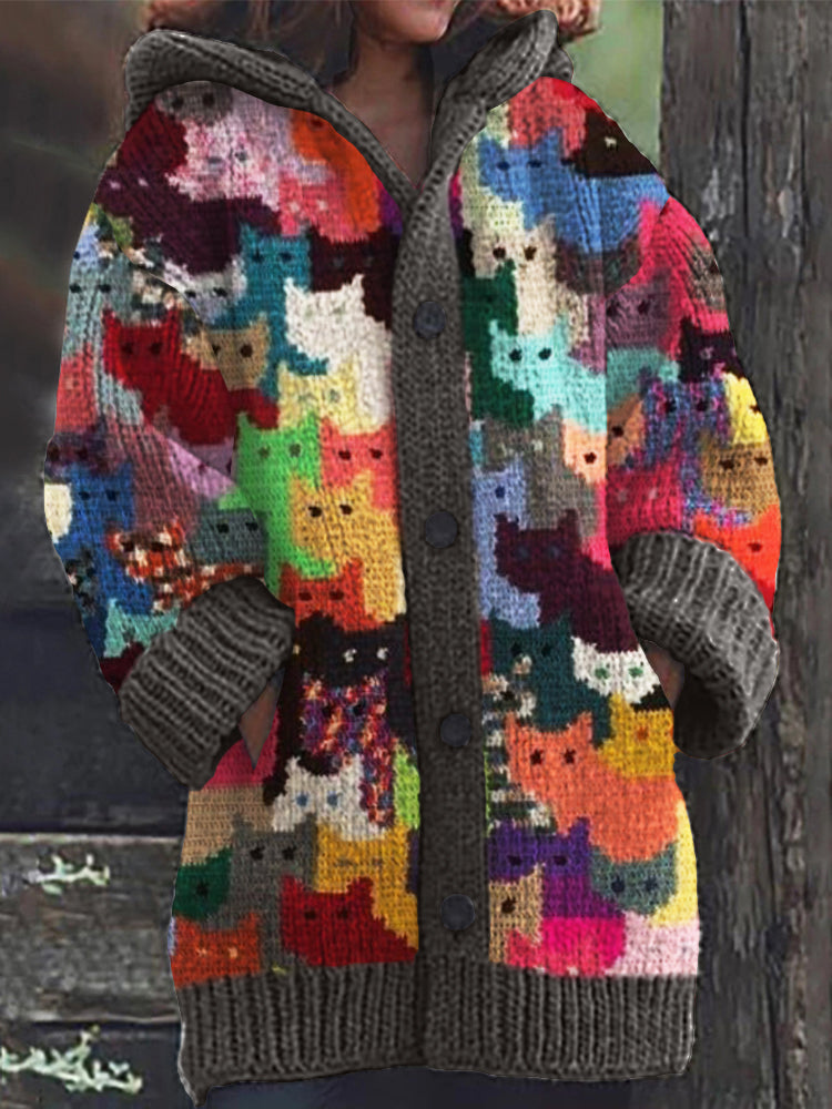 Comstylish Colorful Cats Knit Art Cozy Hooded Cardigan