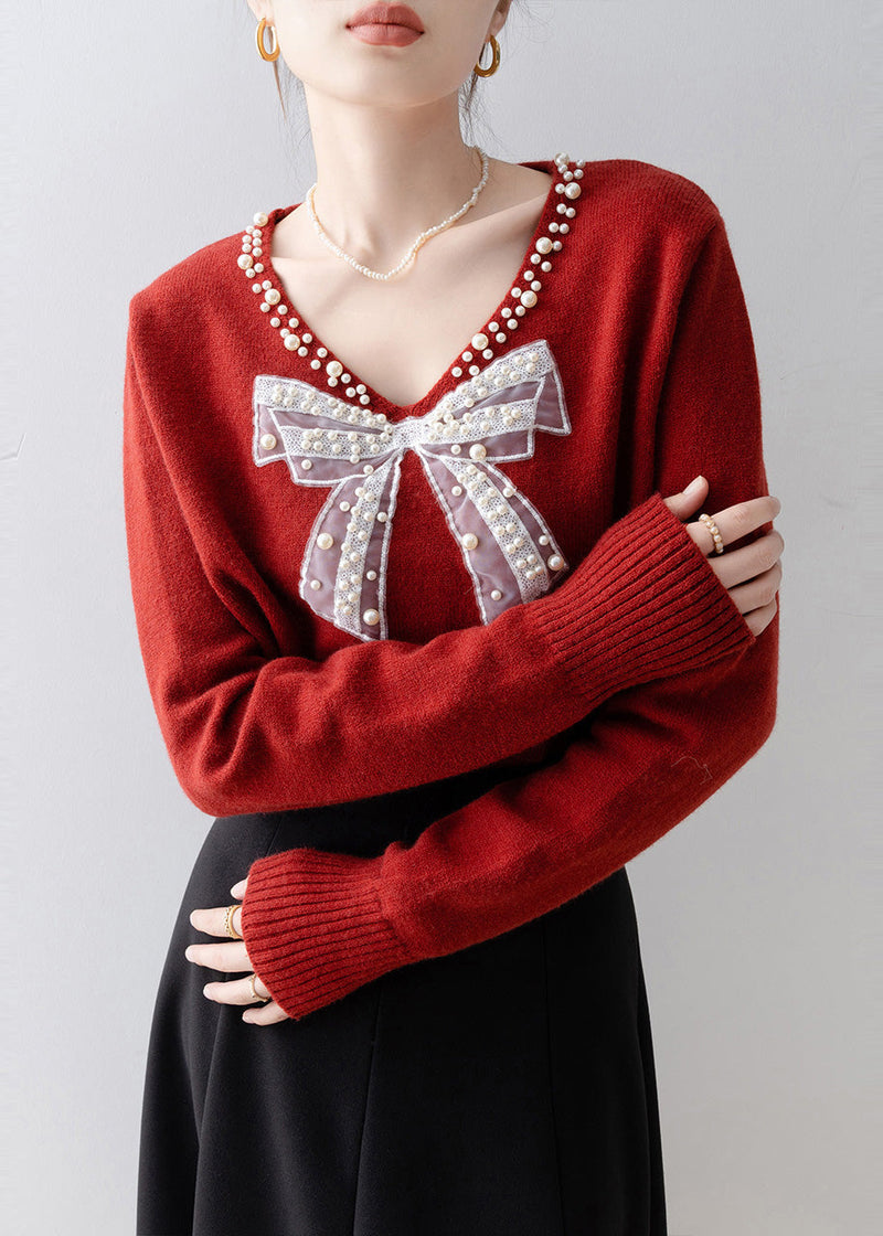 Red Bow Nail Bead Knit Sweaters Winter