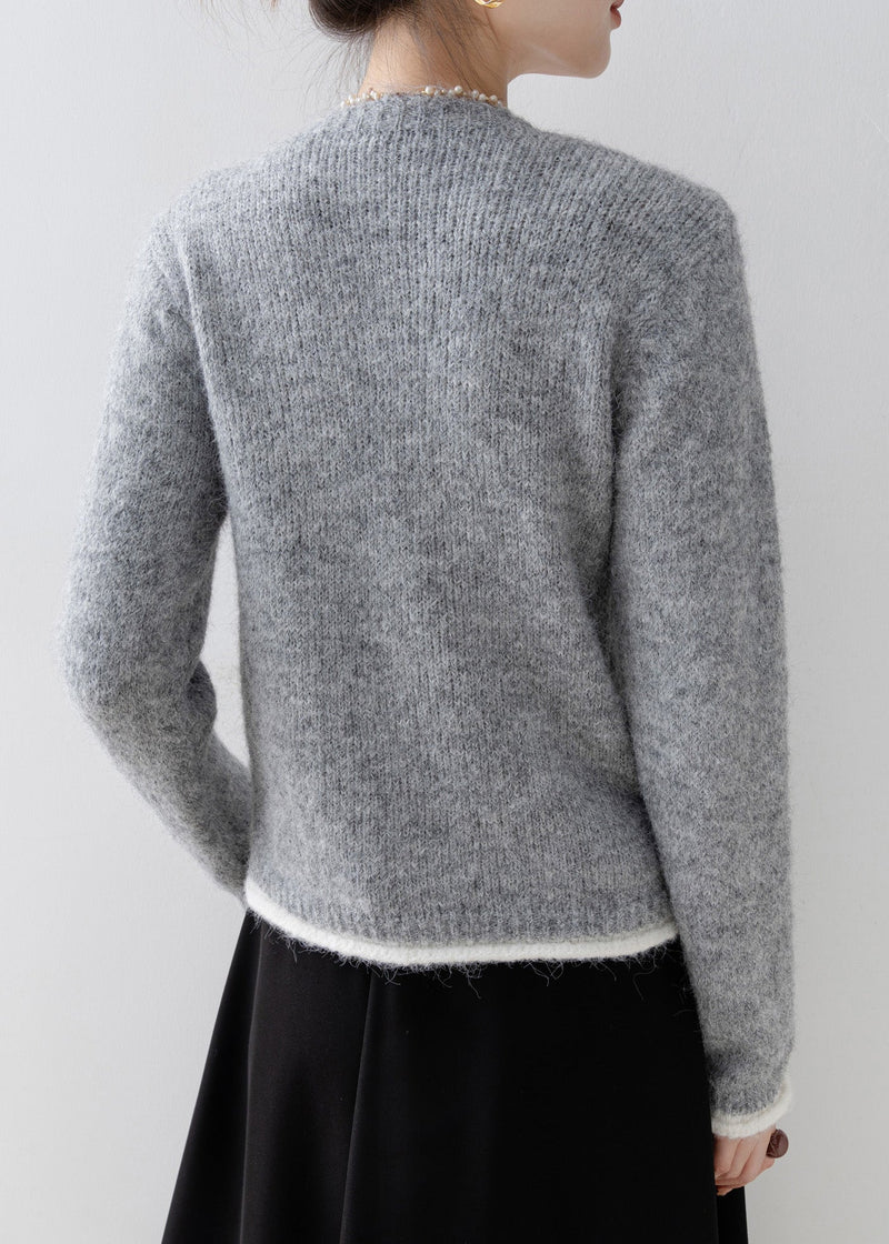Boutique Grey Nail Bead Patchwork False Two Pieces Knit Sweaters Spring