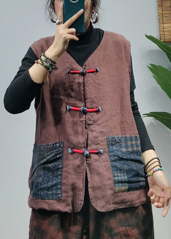 Chocolate Linen Vest Tops Patchwork Pockets Spring