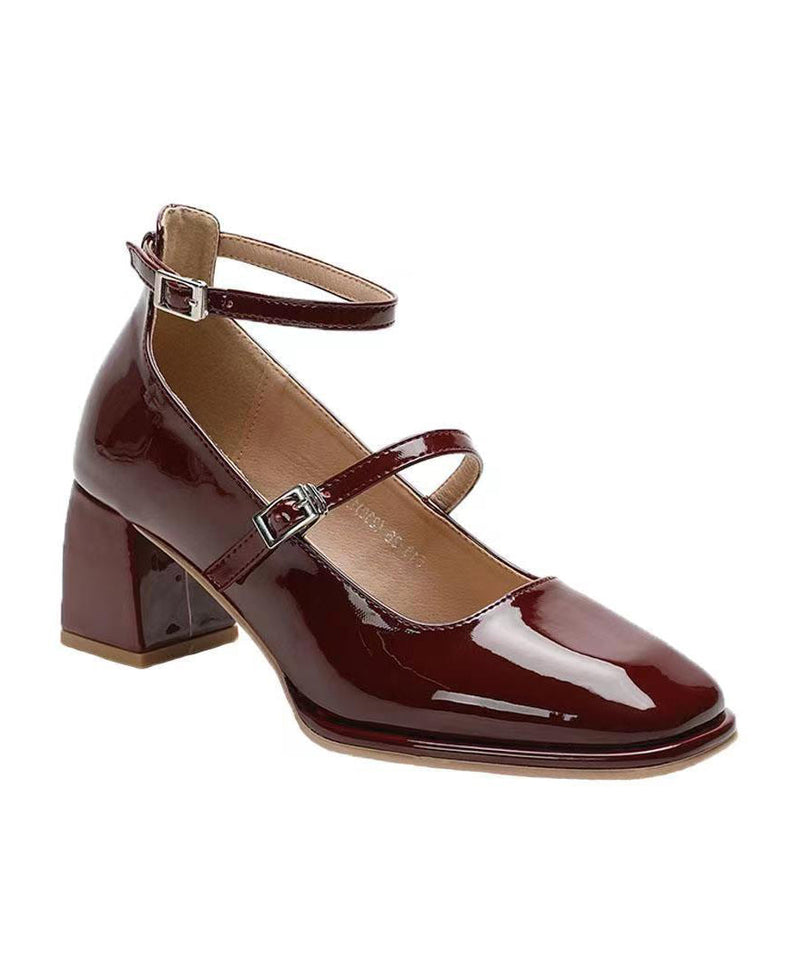 Buckle Strap Splicing Chunky High Heels Mulberry Faux Leather
