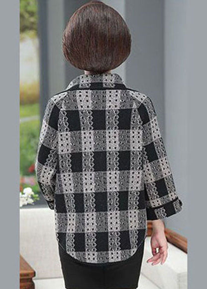 Black Peter Pan Collar Plaid Bouble Breast Woolen Coats Long Sleeve