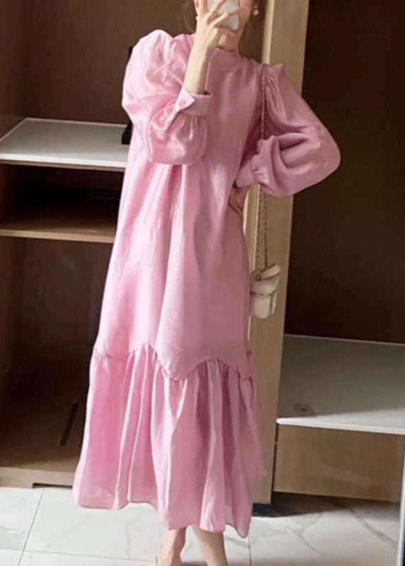 Pink O-neck Patchwork Wrinkled Long Dress Spring